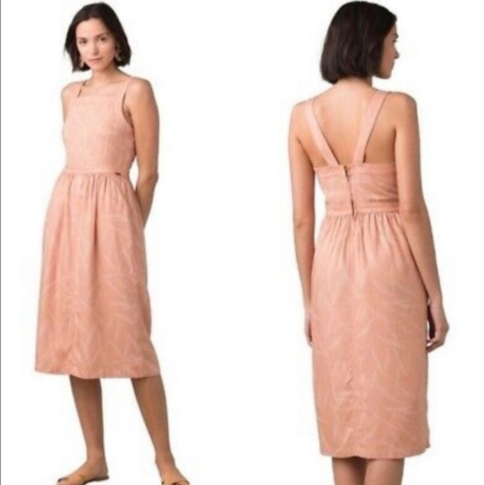 PrAna Sun Drifter Dress M Peachy Pink Color Apple Blossom Leaves + Pockets!